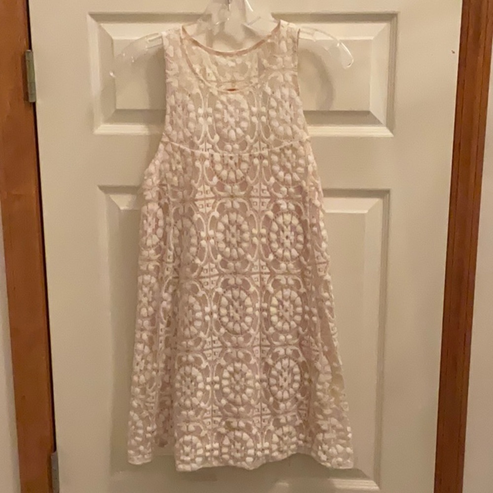 Free People Lace Swing Dress Ivory Peach Open Back Sleeveless Mini-Size Small